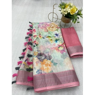 Stunning Digital Printed Linen Cotton Saree with Contrasting Blouse