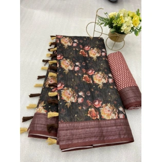 Digital Printed Heavy Linen Cotton Saree with Contrast Blouse