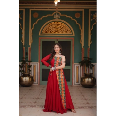 Faux Kutchi Gamthi Red Gown: Stunning, Adjustable, and Comfortable (0.700 kg)