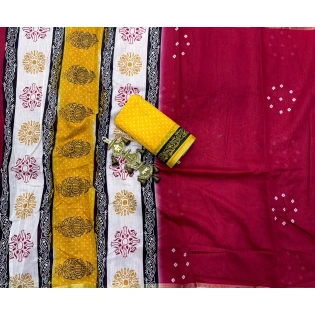 Breezy Bandhini Cotton Saree with Zari Border & Contrast Pallu