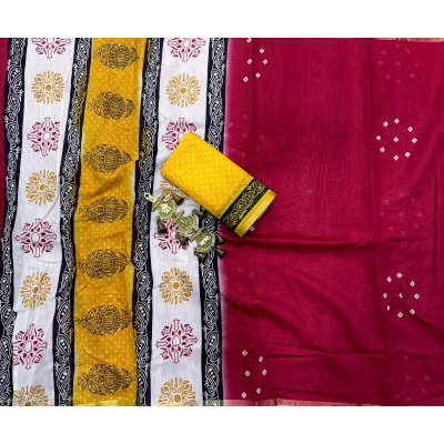 YNF Breezy Bandhini Cotton Saree with Zari Border & Contrast Pallu