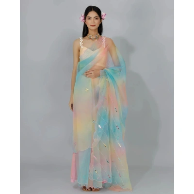 Rainbow Satin Organza Saree: Stunning Handwork & Mirror Embellishments