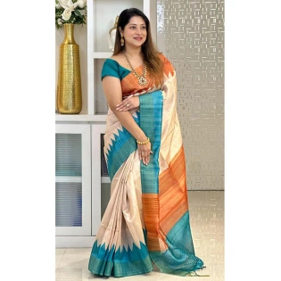 Lightweight Dola Tussar Silk Sarees: Stunning Temple Design, Zari Border