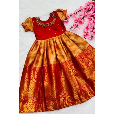 Kanjivaram Silk Gown: Hand-worked Design, Sizes 1-15 Years