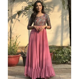 Eye-Catching Embroidered Cotton Georgette Gown with Full Flair