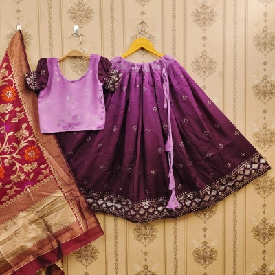 Exquisite Zari Embroidered Silk Lehenga for Stylish Kids