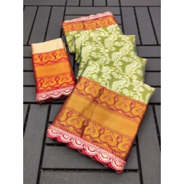 Lace Morni Banarasi Silk Saree with Cut Work Border