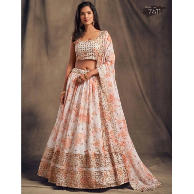 Printed Organza Lehenga Set with Heavy Embroidery