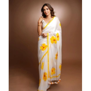 Flower Print Linen Cotton Saree with Printed Blouse