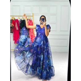 Organza Digital Print Gown: Stunning, Ready-to-Wear with Full Frill Flair!