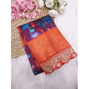 Soft Dola Silk Saree: Beautiful Digital Print with Sequin Embroidered Lace