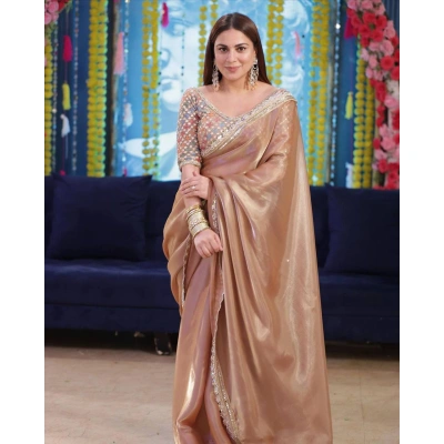 Stunning Jimmy Choo Dusty Color Saree with Mirror Work