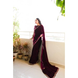 Embellished Velvet Saree & Embroidered Blouse Set