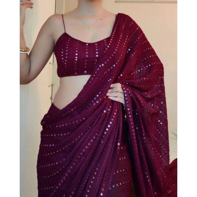 Embroidered Georgette Saree with Foil Mirror Work