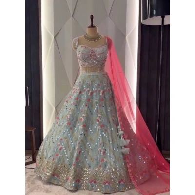 Faux Georgette Lehenga with Mirror Embroidery - Upto Size 44