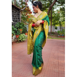 YNF Elegant Green Silk Saree with Intricate Zari Weaving and Floral Border