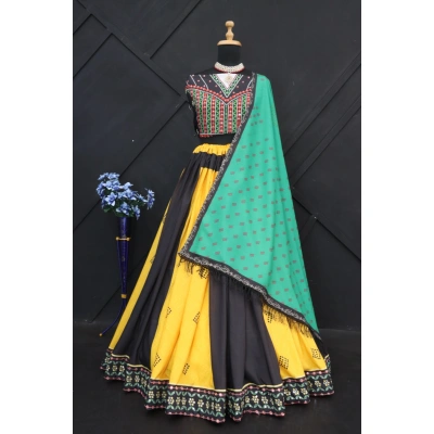 Muslin Cotton Lehenga with Printed Design and Silk Inner; Unstitched Blouse with Mirror Work; Muslin Cotton Duppata with Mirror Detailing.