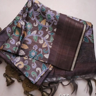 Exclusive Pure Zari Border Tussar Silk Saree with Print