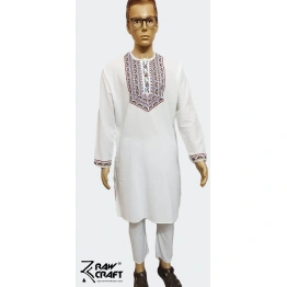 White Hand- Painted Kurta Straight Button Kurta Design- Abstract Fish Motif