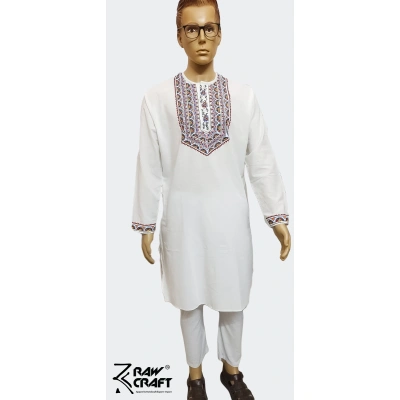 White Hand- Painted Kurta Straight Button Kurta Design- Abstract Fish Motif