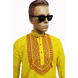 Yellow Hand- Painted Kurta Straight Button Kurta Design- Abstract