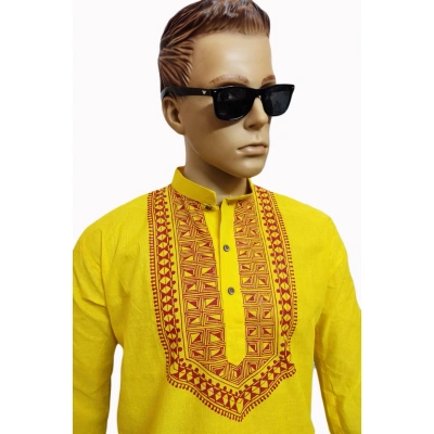 Yellow Hand- Painted Kurta Straight Button Kurta Design- Abstract