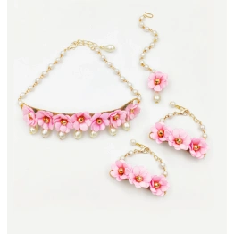 Lime By Manika Gulabo Floral Necklace, 2 Bracelets & Maang Teeka Set- Light Pink