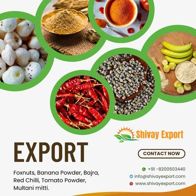 we have exporter in India all agriculture product all over countries. like fox nut, banana powder, spices, millet, peanut, tomato powder,fullers earth powder, turmeric powder , red chilli powder, turmeric whole, red chilli , ground nut , peanut oils, sesame seed, check peas, chana whole , cumin seed , ginger powder, onion powder, garlic powder, makhana, multani mitti, sorghum, moong whole, chana dal , toor dal, pulses , basmati rice , 1121 , 1509, 1401, black check peas , wheat flour , maida flo