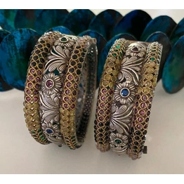 Floral Designs German Silver Openable Bangles With Semi-Precious Stones And Dual Tone