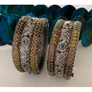 Floral Designs German Silver Openable Bangles With Semi-Precious Stones And Dual Tone