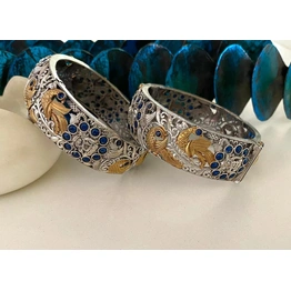 Floral Designs German Silver Bangles With Semi-Precious Stones And Dual Tone