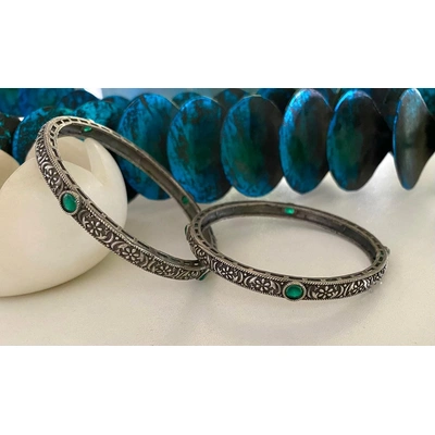 Floral Designs German Silver Bangles With Semi-Precious Stones And Dual Tone