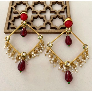 Gold Plated Long Earrings And Ruby Stone