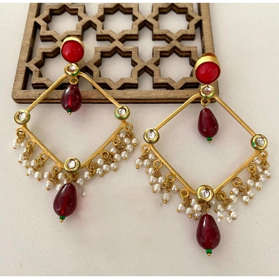 Gold Plated Long Earrings And Ruby Stone