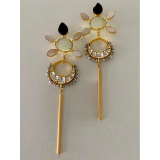 Gold Plated Panchi Kundan, Glass Stone And Mop Embedded Earrings