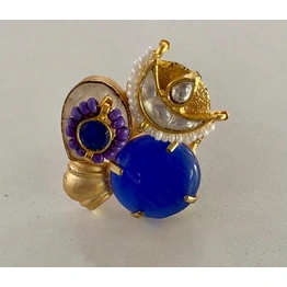 Fushion Rings With Panchi Kundan, Rice Pearls And Blue Coloured Stones