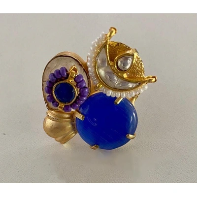 Aritrick Fushion Rings With Panchi Kundan, Rice Pearls And Blue Coloured Stones