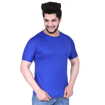 Men's Royal Blue Polyester Round Neck Half Sleeves T-Shirt