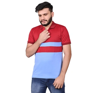 Stylish Men's Mahroon & Sky Blue Striped Polo - Half Sleeve Dot Knit Shirt