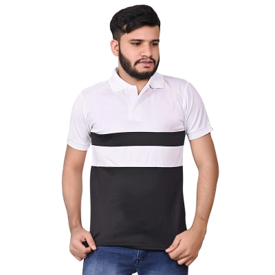 Trendy Men's Black & White Striped Polo Shirt with Dot Knit Fabric