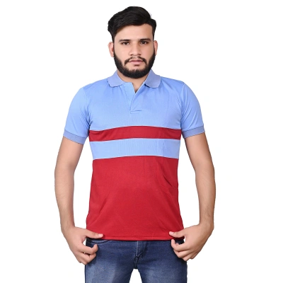 Men's Sky Blue & Mahroon Stripes Polo Shirt - Half Sleeves, Dot Knit Fabric