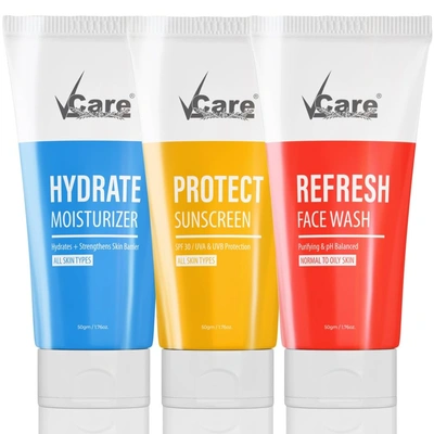 Vcare 3-In-1 Refresh Face Wash, Hydrate Moisturizer + SPF 30 Protect Sunscreen for Normal to Oily Skin Facial Kit