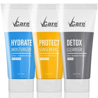 Vcare 3-In-1 Detox Cleanser, Hydrate Moisturizer Sunscreen for Dry Skin Facial Kit| Cleanse and Hydrates Skin for Both Men and Women