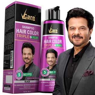 VCare Triple Plus Hair Colour Shampoo Black Hair Colour Shampoo, 180ml for Women and Men