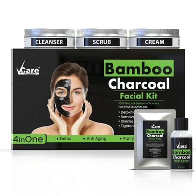 VCare Natural's Bamboo Charcoal Facial Pack Kit for Brighter Skin,Deep Pore Cleansing Acne Prone Oily Skin & Blackheads Removal|Detox, Anti Aging, All Skin types (300gm + 50ml)