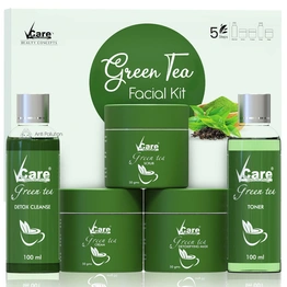 Vcare Facial Kit for Women Skin Care Firming Wine mask for Glowing Skin & Tan removal | Brightening Face wash For Dry Skin Grapeseed Scrub, Renewing Cream 5 Steps (Green Tea Facial Kit)