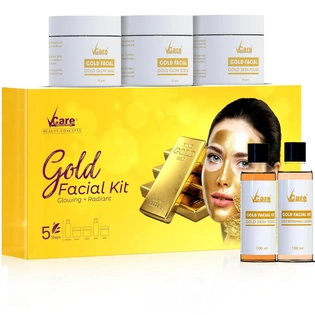 VCare Gold Facial Kit for All Skin Type | 5 Easy Step for Natural Golden Glow Scrub, Skin Polish, Mask 50g, Refershing Cleanser and Tonic 100ml | Golden Facial Kit for Men & Women