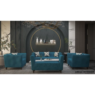 Ardas Interior Armani Royal Blue Suede Sofa Set with Teak Wood Frame