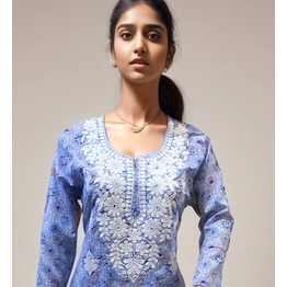 Lucknowi Chikankari Fine & Heavy Work Printed Mul Cotton Kurti for Girls