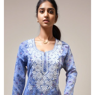 Lucknowi Chikankari Fine & Heavy Work Printed Mul Cotton Kurti for Girls